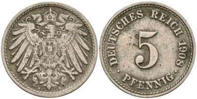 Германия 5 пфеннигов 1907 A, KM 11, J. 12 медно-никель 4364-3665