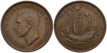 Великобритания 1/2 пенни 1947 Георг VI (1936-1952) KM 844, Spink 4115 бронза 4601-431