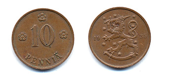 Финляндия 10 пенни 1935 республика (1918-1962) KM 24 медь 51-5445