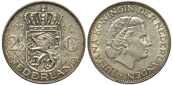 Нидерланды 2 1/2 гульдена 1961 Юлиана (1848-1980) KM 185 серебро 443-321