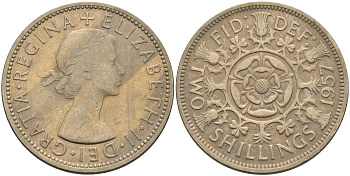 Великобритания 2 шиллинга (флорин) 1957 Елизавета II (1952-2022) KM 906, Spink 4146 медно-никель 4367-1244