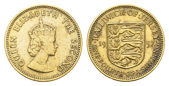 Джерси 1/4 шиллинга 1957 Елизавета II (1952-2022) KM 22 никель латунь 4647-737