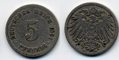 ГЕРМАНИЯ 5 ПФЕННИГОВ 1891 A, KM 11, J. 12 медно-никель 51-5066