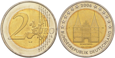 Германия 2 евро 2006 F, серия ФЕДЕРАЛЬНЫЕ ЗЕМЛИ, ШЛЕЗВИГ-ГОЛЬШТЕЙН, ГОЛШТИНСКИЕ ВОРОТА В ЛЮБЕКЕ KM 253 биметалл UNC 4111-733
