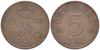 ДАНИЯ 5 ЭРЕ 1978 S; B, МАРГРЕТЕ II (1972-) KM 859.1 железо плакированное медью 4392-453