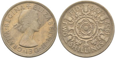 Великобритания 2 шиллинга (флорин) 1957 Елизавета II (1952-2022) KM 906, Spink 4146 медно-никель 4367-1244