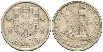 ПОРТУГАЛИЯ 2,5 ЭСКУДО 1977 ПАРУСНИК KM 590 медно-никель 3718-321