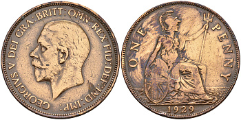 Великобритания 1 пенни 1929 Георг V (1910-1936) KM 838, Spink 4055 бронза 4149-425
