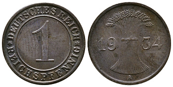 ГЕРМАНИЯ 1 РЕЙХСПФЕННИГ 1934 A KM 37, J. 313 бронза 4380-1258