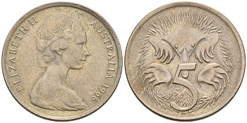 АВСТРАЛИЯ 5 ЦЕНТОВ 1966 ЕЛИЗАВЕТА II, МОЛОДОЙ ПОРТРЕТ, ЕХИДНА KM 64 медно-никель 4564-1148