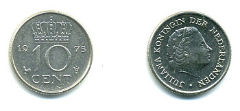 НИДЕРЛАНДЫ 10 ЦЕНТОВ 1975 ЮЛИАНА KM 182 никель 76-351