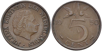 НИДЕРЛАНДЫ 5 ЦЕНТОВ 1950 ЮЛИАНА KM 181 бронза 31-937