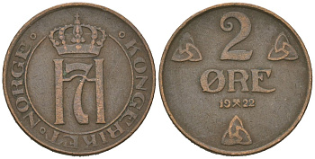 Норвегия 2 эре 1922 Хокон VII (1905-1957) KM 371 бронза 4615-355