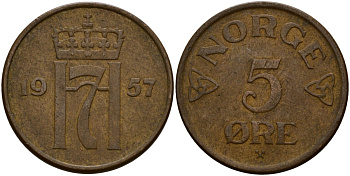 Норвегия 5 эре 1957 Хокон VII (1906 - 1957) KM 400 бронза 4156-247