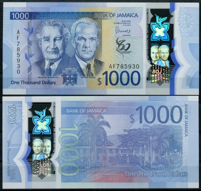 Ямайка 1000 долларов 2019 60-я годовщина независимости, Норман Мэнли, Александр Бустаманте Pick 99  пластик  UNC (пресс) 447-128-3