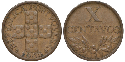ПОРТУГАЛИЯ 10 СЕНТАВО 1965 KM 583 бронза 45-1145