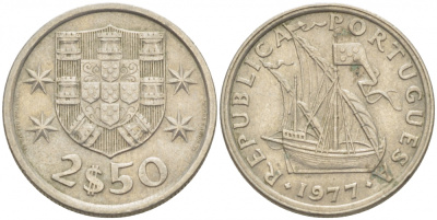 ПОРТУГАЛИЯ 2,5 ЭСКУДО 1977 ПАРУСНИК KM 590 медно-никель 3718-321