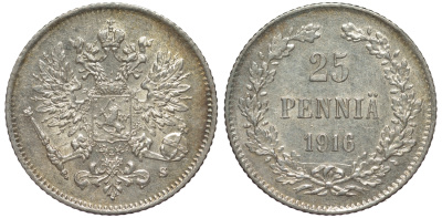 Россия для Финляндии 25 пенни 1916 S, Николай II (1894-1917) KM 6.2, Биткин 421 серебро 75-1335