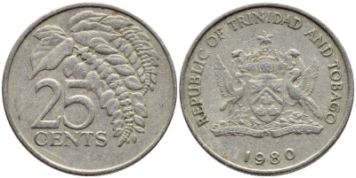 Тринидад и Тобаго 25 центов 1980 цветок дикая пуансеттия KM 32 медно-никель 4396-756