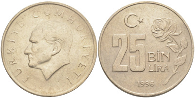 Турция 25000 лир 1996 Мустафа Кемаль Ататюрк KM 1041 медь никель цинк 97-333