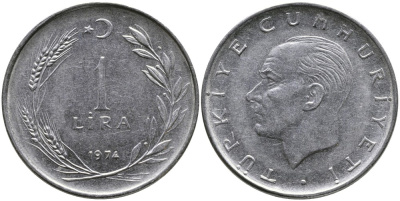 Турция 1 лира 1974 Мустафа Кемаль Ататюрк KM 889а.2 нержавеющая сталь 4178-924