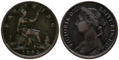 Великобритания 1 фартинг 1882 Н, Виктория (1837-1901) KM 753, Spink 3959 бронза  1518-441