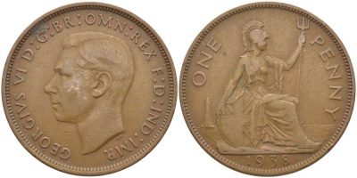 Великобритания 1 пенни 1938 Георг VI (1936-1952) КМ 845, Spink 4114 бронза 115-343