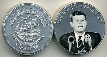 Либерия 5 долларов 2008 Джон Кеннеди, я - берлинец медно-никель UNC 1091-1-14