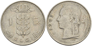 БЕЛЬГИЯ 1 ФРАНК 1962 BELGIE KM 143.1 медно-никель 4546-352