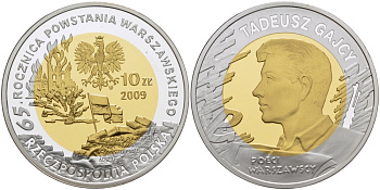 Польша 10 злотых 2009 MW, 65 лет Варшавскому восстанию, Тадеуш Гайцы, позолота KM 688 серебро PROOF 1074-10-32