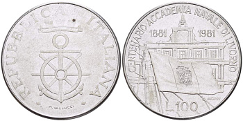 ИТАЛИЯ 100 ЛИР 1981 100 ЛЕТ ВОЕННО-МОРСКОЙ АКАДЕМИИ В ЛЕВОРНО (1881-1981) KM 108 нержавеющая сталь 4526-342