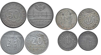 Австрия набор из 4 монет (1, 10, 20, 50 геллеров) 1915 лагерные деньги, лагерь Klein Munchen (маленький Мюнхен), первая мировая война  цинк    N5-52