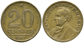 Бразилия 20 сентаво 1943 Жетулиу Варгас KM 556а алюминиевая бронза 34-846