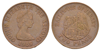 Джерси 2 пенса 1985 Сент-Хелиер, Елизавета II (1952-2022) KM 55 бронза 4656-1125