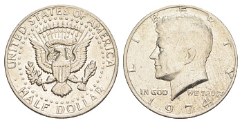 США 1/2 доллара (50 центов) 1974 Джон Кеннеди KM 202b медь плакированная медно-никелем aUNC 4536-531