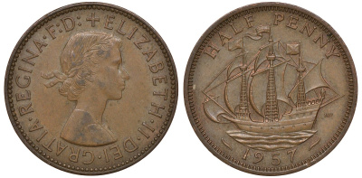 Великобритания 1/2 пенни 1957 Елизавета II (1952-2022) KM 896, Spink 4158 бронза 4163-612