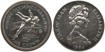 Остров Мэн 1 крона 1984 Зимние Олимпийские игры 1984 года в Сараево, парное фигурное катание KM 117 медно-никель UNC 1078-4-23