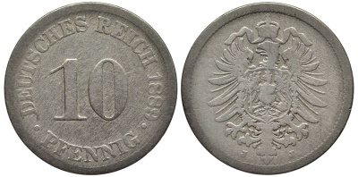 ГЕРМАНИЯ 10 ПФЕННИГОВ 1889 J, СТАРОГЕРБОВКА KM 4, Jager 4, Weege 7 медно-никель 4543-816