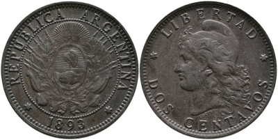 Аргентина 2 сентаво 1893 голова свободы влево KM 8 бронза 4531-1136