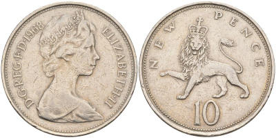 Великобритания 10 пенсов 1968 Елизавета II (1952-2022) KM 912, Spink 4231 (F1) медно-никель 4593-746
