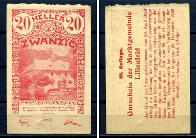 Лилиенфельд (Австрия) 20 геллеров 1920 Jaksc/Pick?JPR0523Ia-20 бумага aUNC 7556-35-3-2