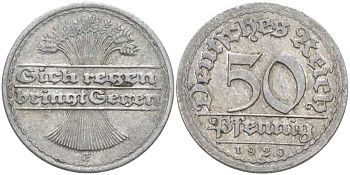 ГЕРМАНИЯ 50 ПФЕННИГОВ 1920 G KM 27, J. 301, Weege 10 алюминий 4388-126