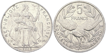Французская Новая Каледония 5 франков 2009 птица кагу, (IEOM) KM 16, Schoen 12, Lec 81k алюминий 4111-325