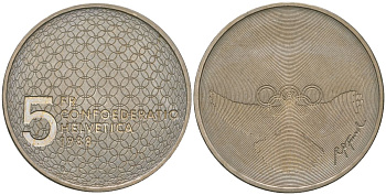 Швейцария 5 франков 1988 B, Олимпийские игры - голубь и кольца KM 67 медно-никель  UNC  4593-1012