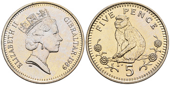 Гибралтар 5 пенсов 1989 АВ обезьяна KM 22 медно-никель UNC 87-624