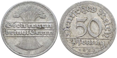 ГЕРМАНИЯ 50 ПФЕННИГОВ 1920 G KM 27, J. 301, Weege 10 алюминий 4388-126