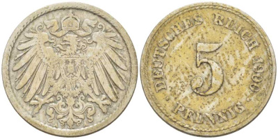 ГЕРМАНИЯ 5 ПФЕННИГОВ 1900 A KM 11, J. 12, Weege 6 медно-никель 206-924