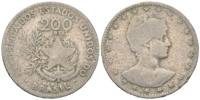 Бразилия 200 реалов 1901 MCMI, голова свободы вправо KM 504 медно-никель 4612-137