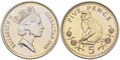 Гибралтар 5 пенсов 1989 АВ обезьяна KM 22 медно-никель UNC 87-624