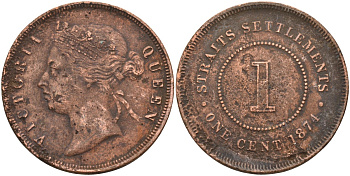 Стрейтс-Сетлментс 1 цент 1874 Виктория (1837-1901), Ост-Индская компания KM 9 медь 4590-325